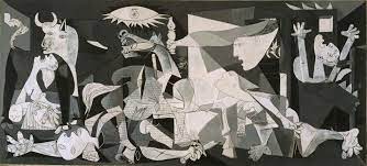 Pintura en blanco y negro que representa el horror y el caos tras un bombardeo, en Guernica durante la Guerra Civil española.
