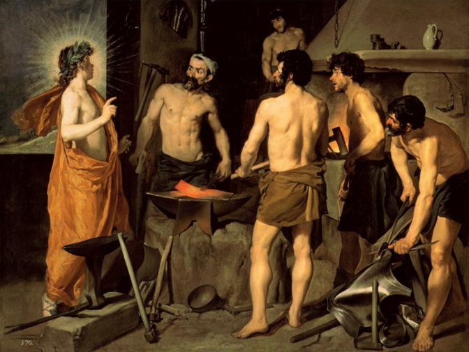 Pintura barroca que representa a Apolo anunciando una noticia a Vulcano en su fragua, con figuras mitológicas